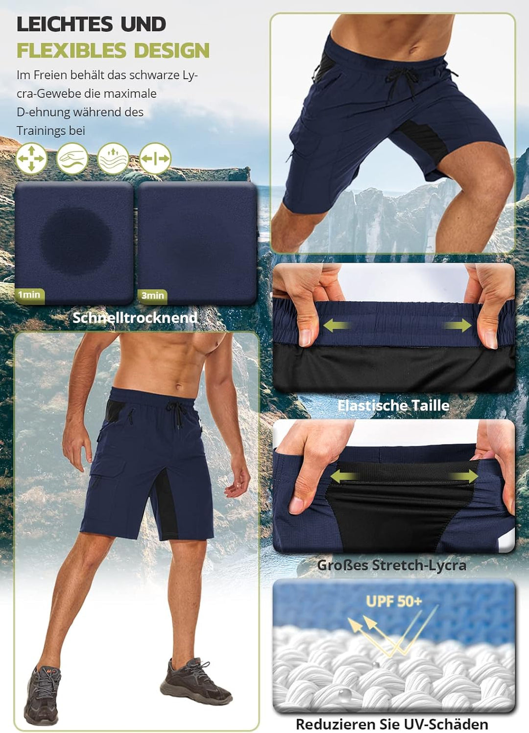 Hiauspor Wanderhose Herren Kurz MTB Hose Leichte Schnelltrocknend Cargo Bermuda Chino mit 5 Taschen