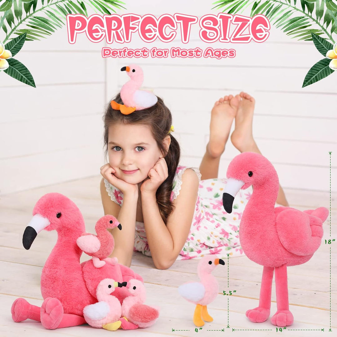 MorisMos 45cm sitzend Plüsch Flamingo mit 4 Baby im Bauch, Rosa Süss Kuschelig Flamingon Plüschtier