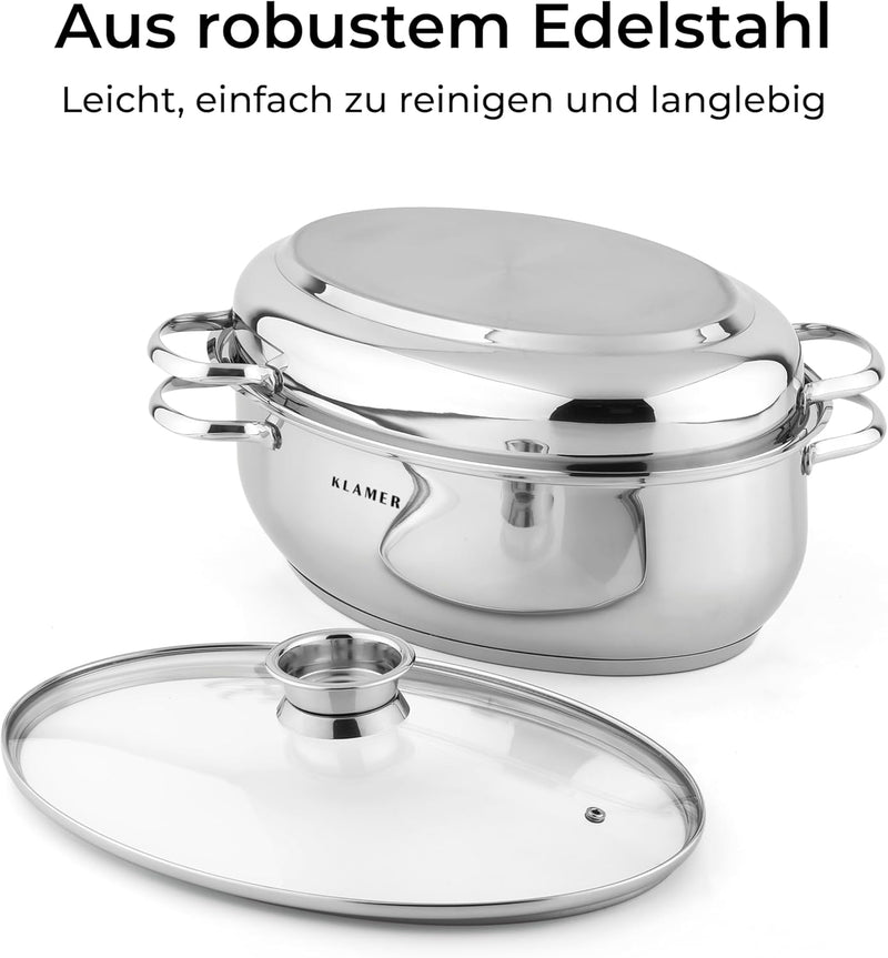 KLAMER Bräter mit Deckel 41 cm, backofengeeignet, 8,5L XXL Bräter mit Deckel, mit 4L Deckelpfanne, f