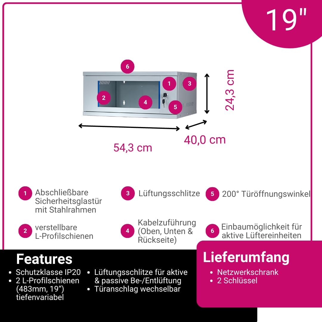 Netzwerkschrank 19 Zoll 4 HE I 400 mm Tiefe I Serverschrank Grau I Wandmontage I abschliessbare Glas