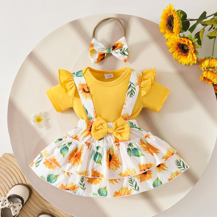 Neugeborenes Baby Mädchen Röcke Sets Kurzarm Rüschen Top + Bedrucktes Overalls Hosenträger Kleid + S