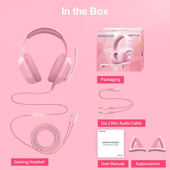 Gaming Headset mit Katzenohren abnehmbaren, RGB-Licht, Stereo Surround Noise Cancelling, Mikrofon fü