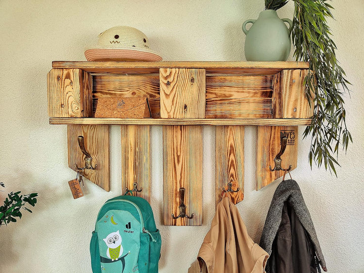 Garderobe Holz mit Ablage Wand-Garderobe aus Paletten mit 5 Kleiderhaken Hutablage Wandregal Eingang