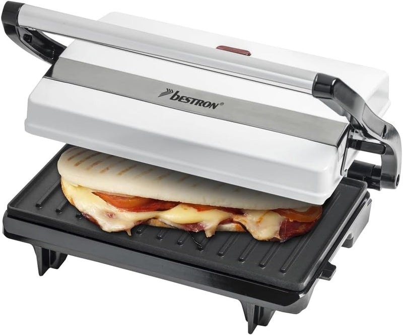 Bestron Kontaktgrill mit Auffangschale, Sandwichmaker mit Cool-Touch-Handgriff, Paninimaker mit Anti