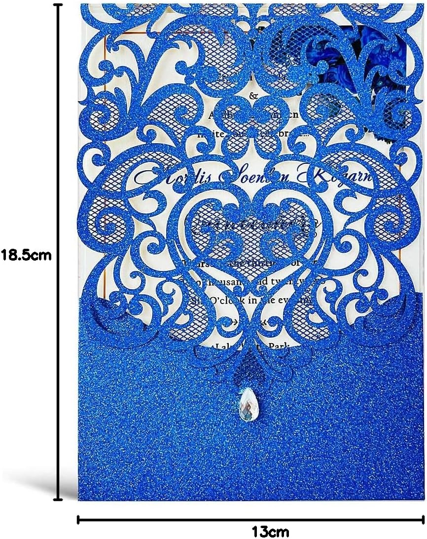 Hosmsua 20x Blau Glitzer Hochzeit EinladungsKarten Lasercut Rose Spitze Wasserdiamant Hochzeitseinla