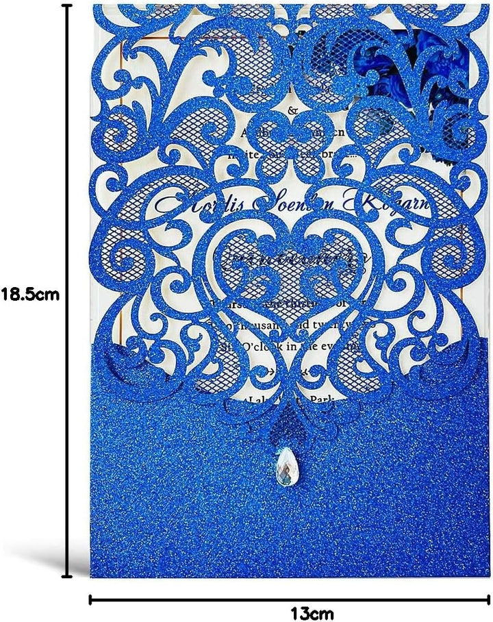 Hosmsua 20x Blau Glitzer Hochzeit EinladungsKarten Lasercut Rose Spitze Wasserdiamant Hochzeitseinla
