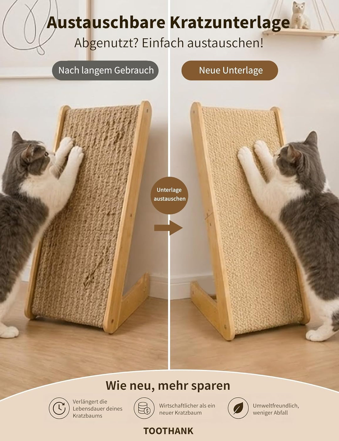 Kratzbrett Katzen, Large 69cm H, Sisal Kratzbrett Katze, Massives Holz &amp; Natürliches Sisal Katzen kr