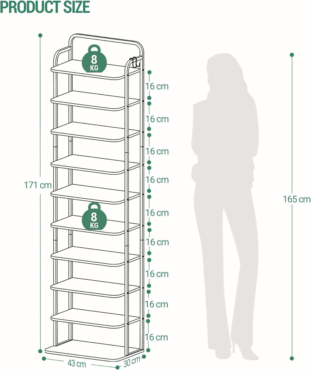 Hzuaneri Vertikales Schuhregal, 10-Stöckige Schuhregale, Schuhturm für kleine Räume, Freistehend, Ve