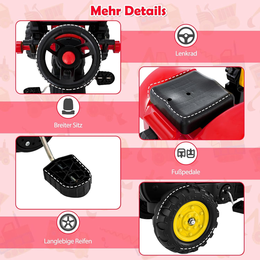 COSTWAY Trettraktor, Kinder Traktor mit Abnehmbarer Anhänger & Grabschaufel, Kindertraktor bis 35 kg
