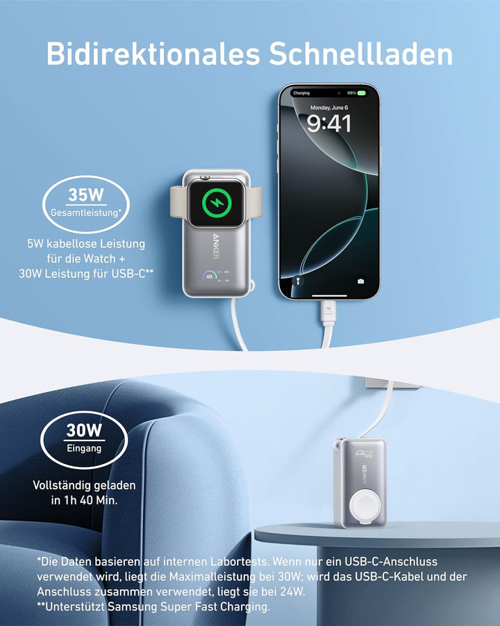 Anker MagGo Powerbank für Apple Watch, offiziell Zertifiziert, 10.000mAh kompaktes Akkupack mit inte