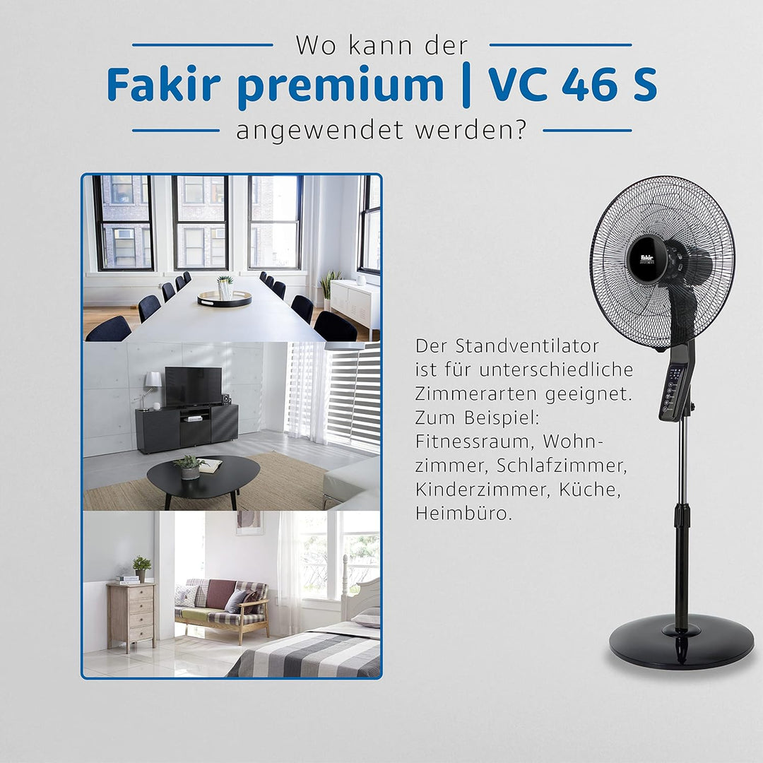 Fakir premium VC 46 S – Höhenverstellbarer leiser Standventilator mit Fernbedienung & 3 Leistungsstu