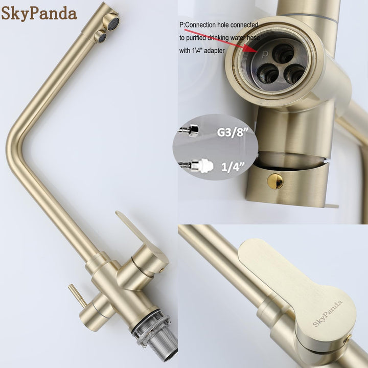 SkyPanda 3 Wege Küchenarmatur, Gold Trinkwasser Küchenarmatur mit Doppelhebel, Durchdringung 3-in-1,