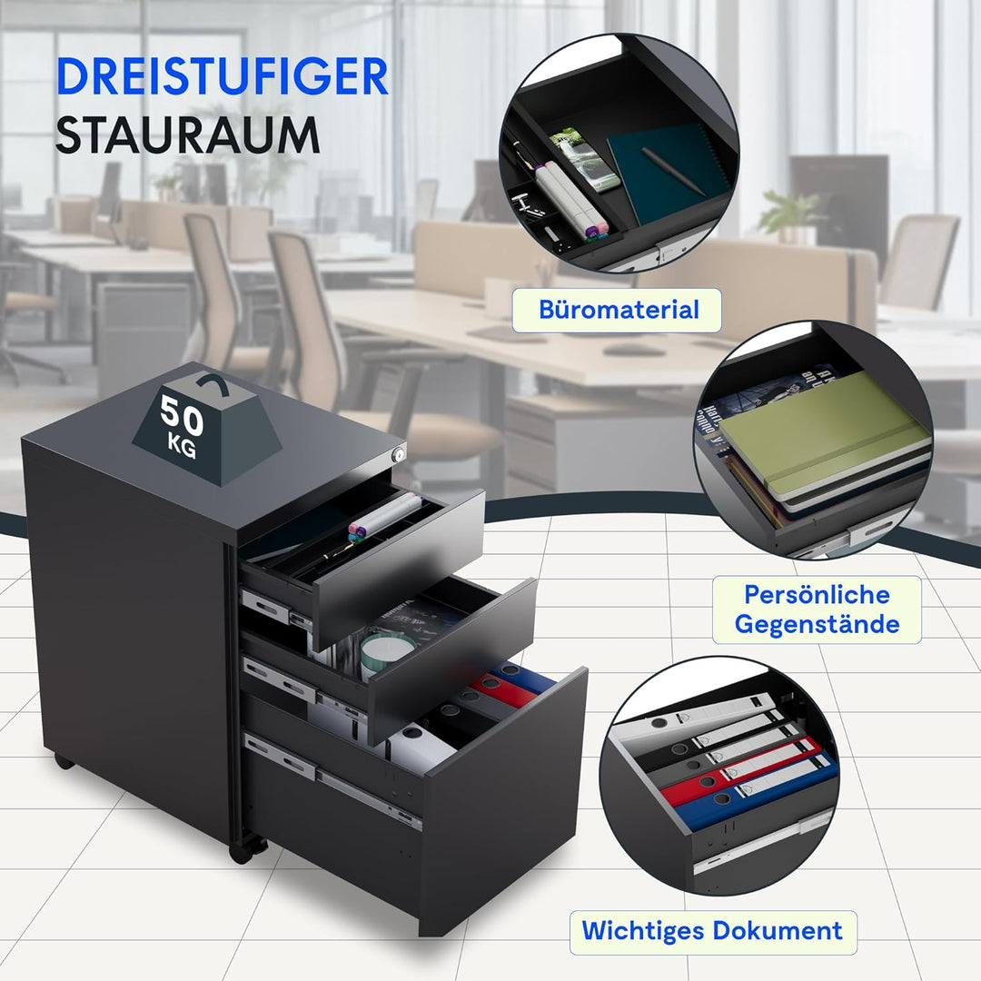 FlexiSpot Rollcontainer mit 3 Schubladen, mobiler Aktenschrank mit Rollen, Schubladenschrank Bürosch
