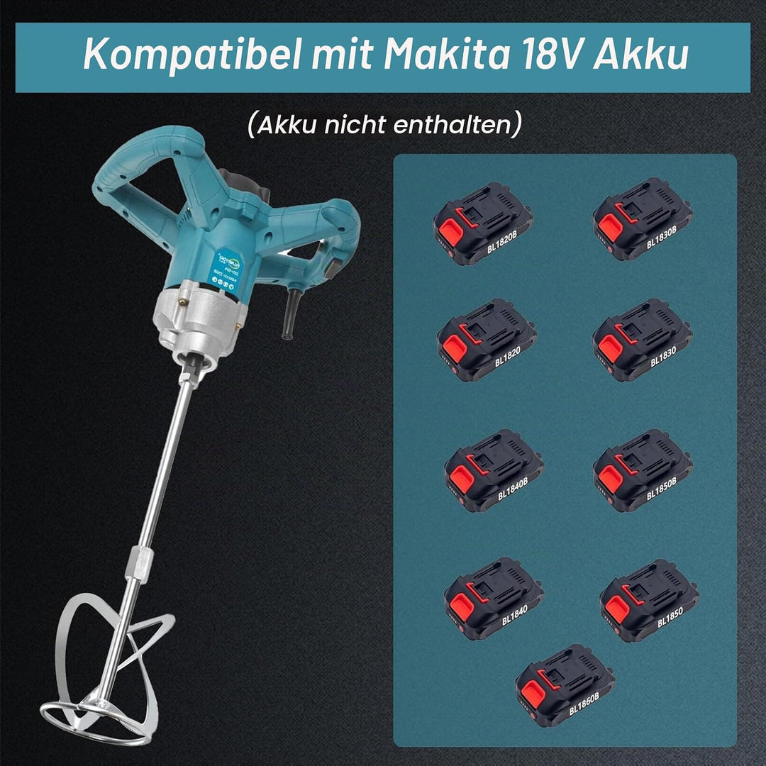 Akku Farbmörtelrührer Kompatibel mit Makita 18V Batterie,Elektrischer Mörtelrührer mit 6 Geschwindig