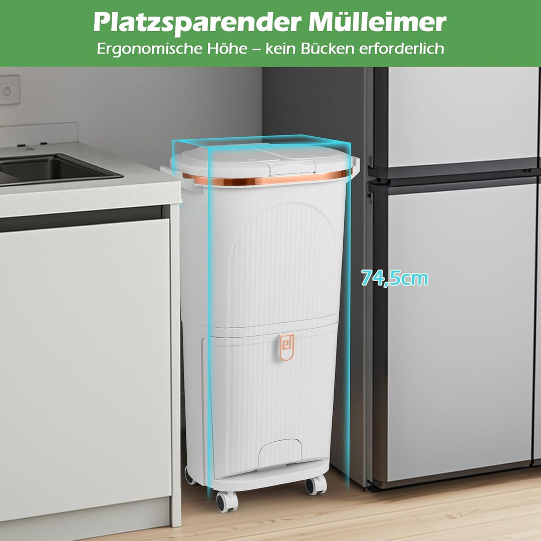 COSTWAY Mülleimer Küche, Mülltrennsystem 3 Fächer, 2 x 12L Inneneimer & 14L Treteimer, Abfalleimer m
