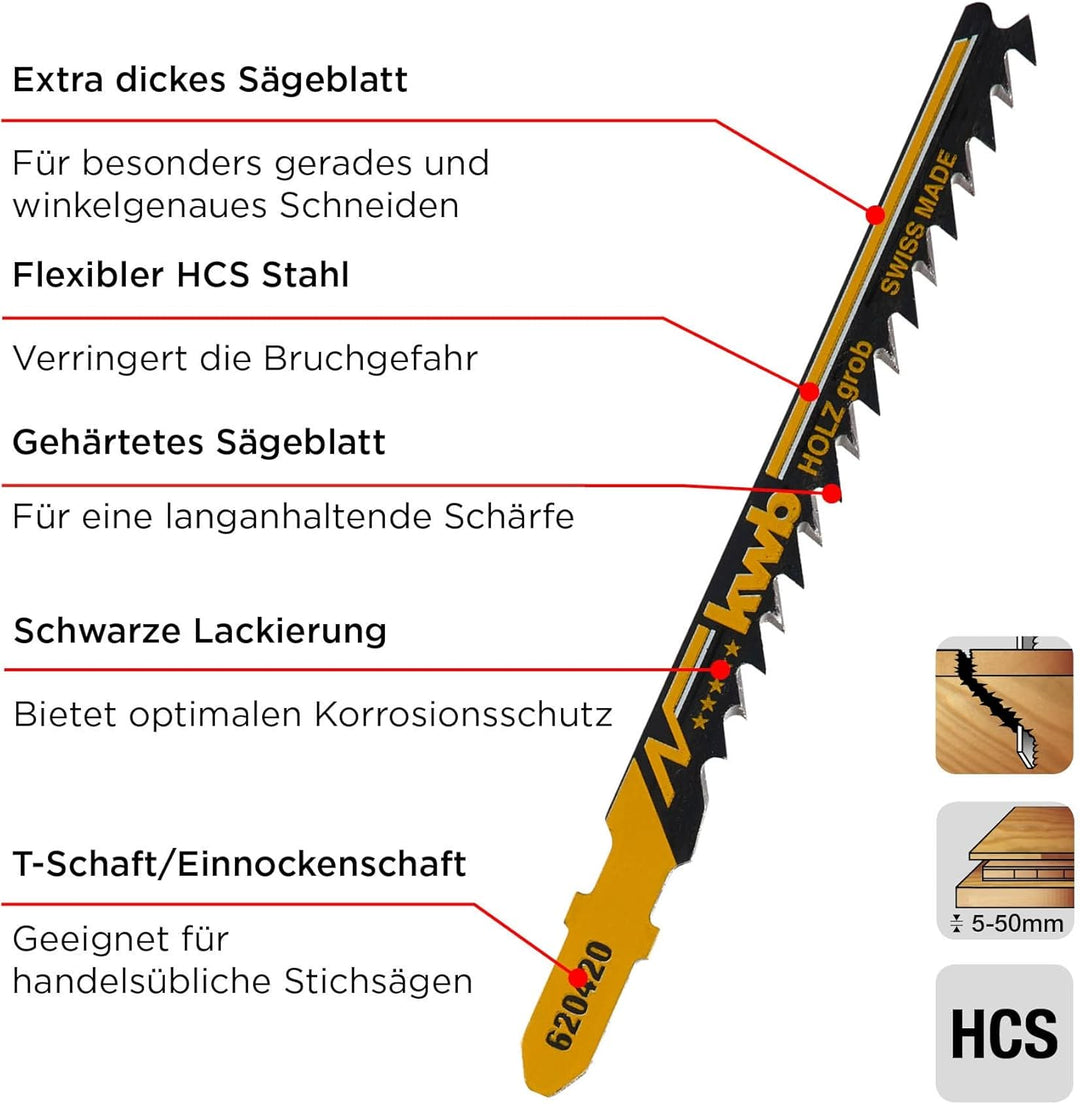 kwb Stichsägeblätter für Holz aus flexiblem HCS-Stahl mit Einnockenschaft (T-Schaft), Einstichzahn,