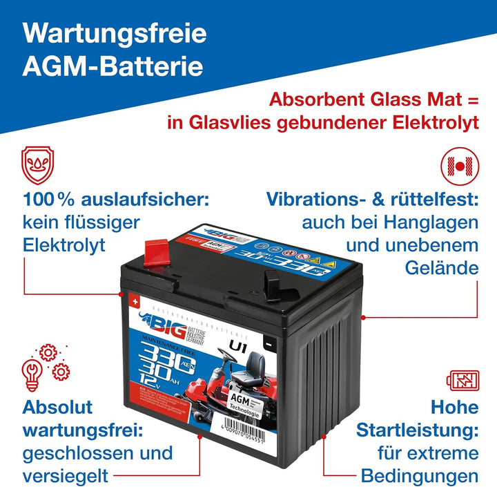 BIG U1 Garden Power Rasentraktor-Batterie 12V 30Ah 310A Starterbatterie für Aufsitzmäher wartungsfre