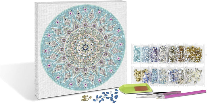 Ursus 43520005F - Diamond Painting Mandala Set 5, Bastelset mit Steinchen in Hellblau-, Taupe- und W