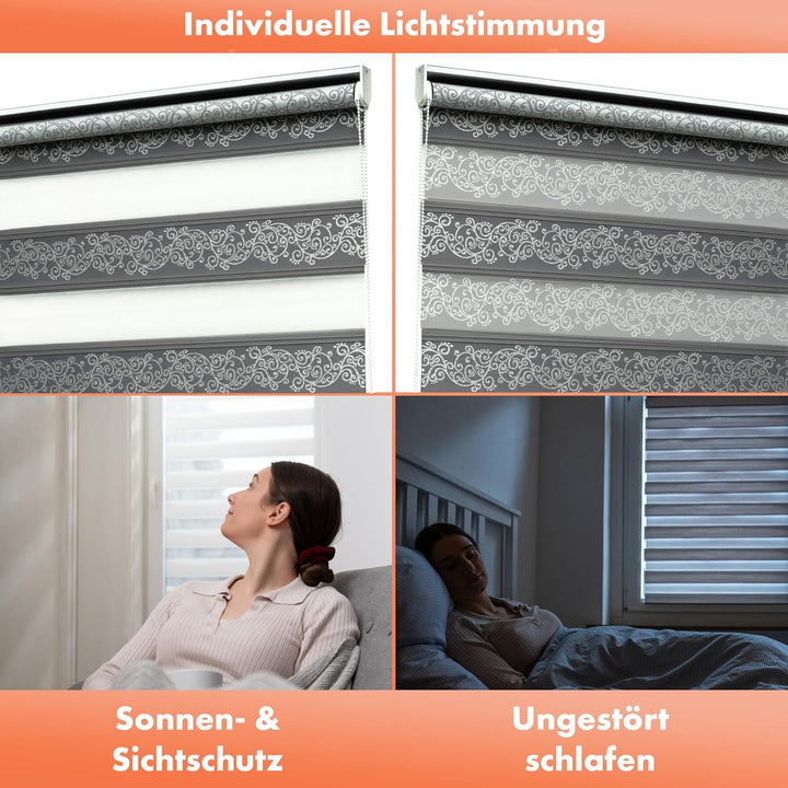 Bailena® Doppelrollo Klemmfix ohne Bohren - 4in1 Duo Rollo mit Muster Grau Silber Glitzernd 50x200cm