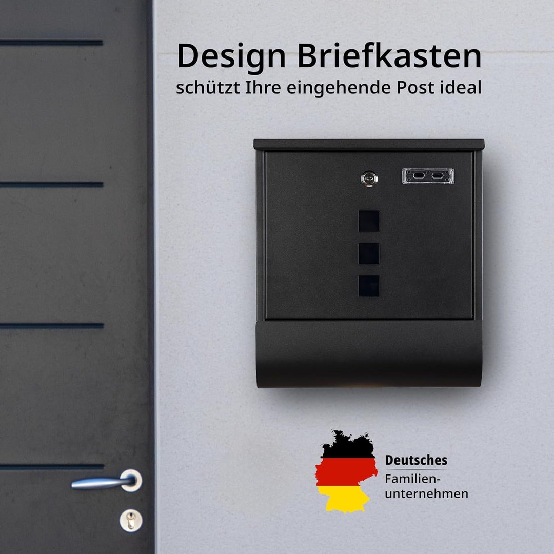 Grafner Design Briefkasten schwarz mit Zeitungsfach, pulverbeschichtet, abschliessbar – 2 Schlüssel