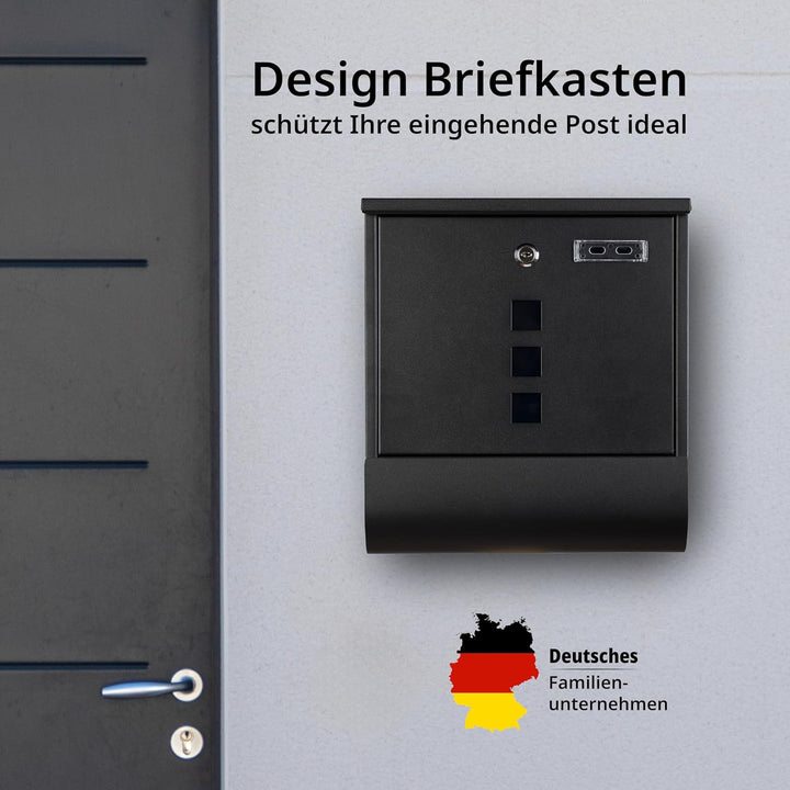 Grafner Design Briefkasten schwarz mit Zeitungsfach, pulverbeschichtet, abschliessbar – 2 Schlüssel