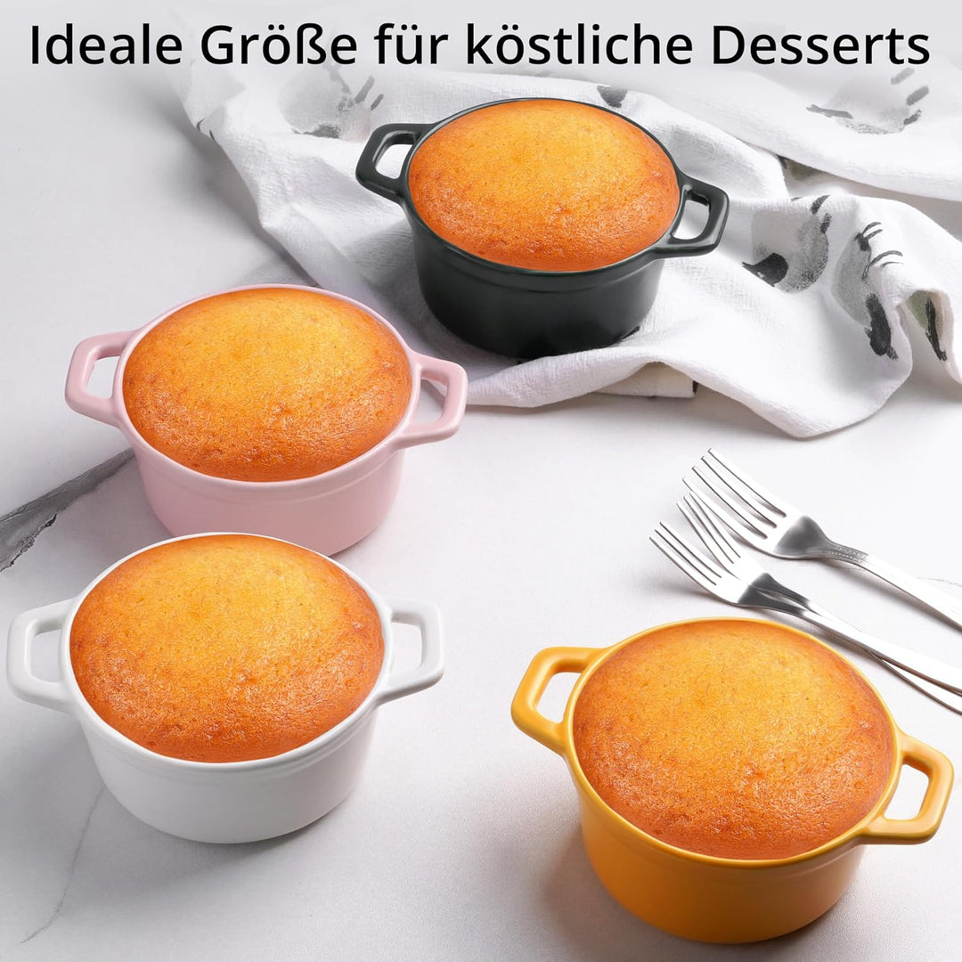 Winter Shore 270 ml Porzellan-Auflaufform Klein mit Griffen & Deckel [4er-Pack] - Souffle Förmchen B