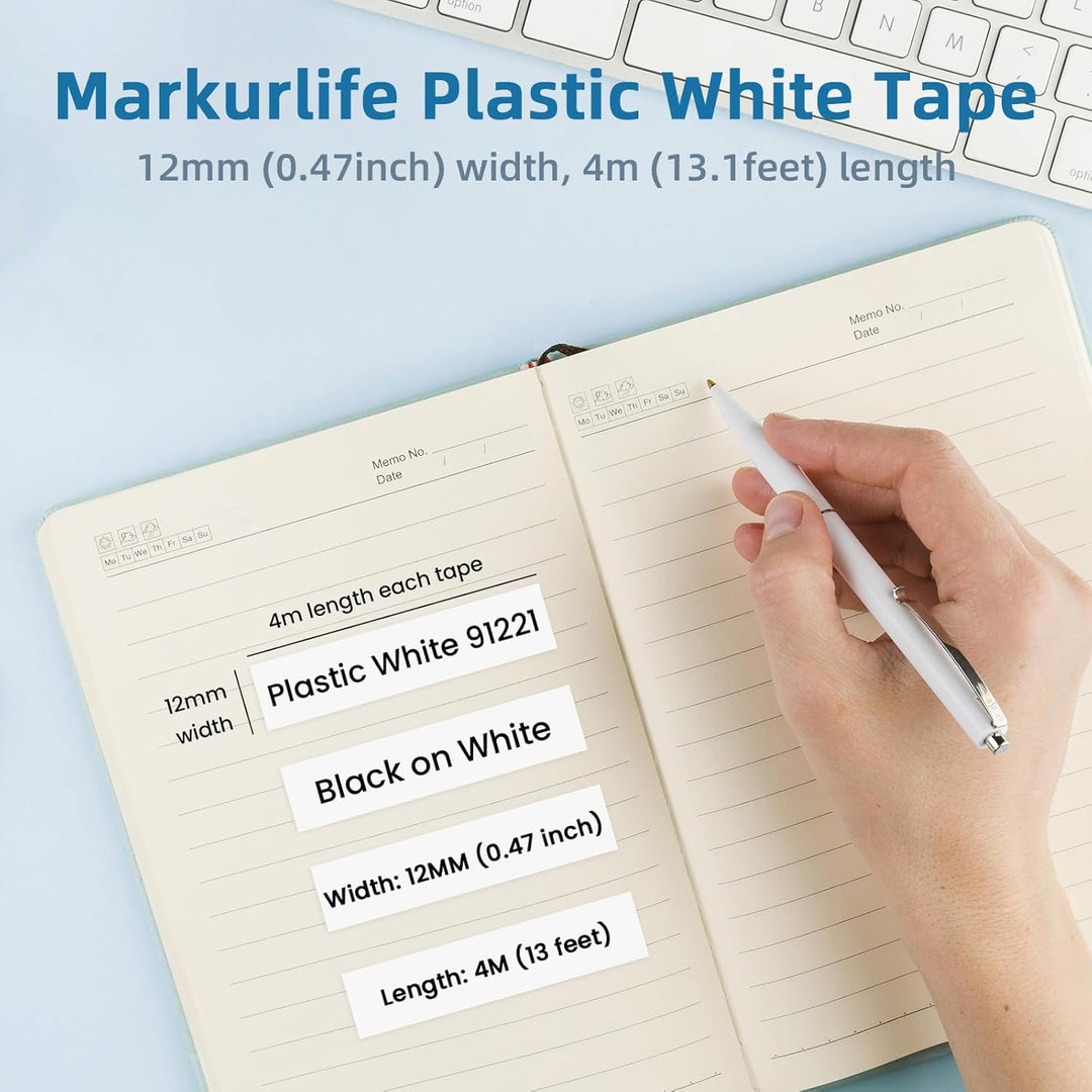 Markurlife 12mm Ersatz für Dymo Letratag Etikettenband 12mm x 4m Plastic White 91221 Kompatibel mit