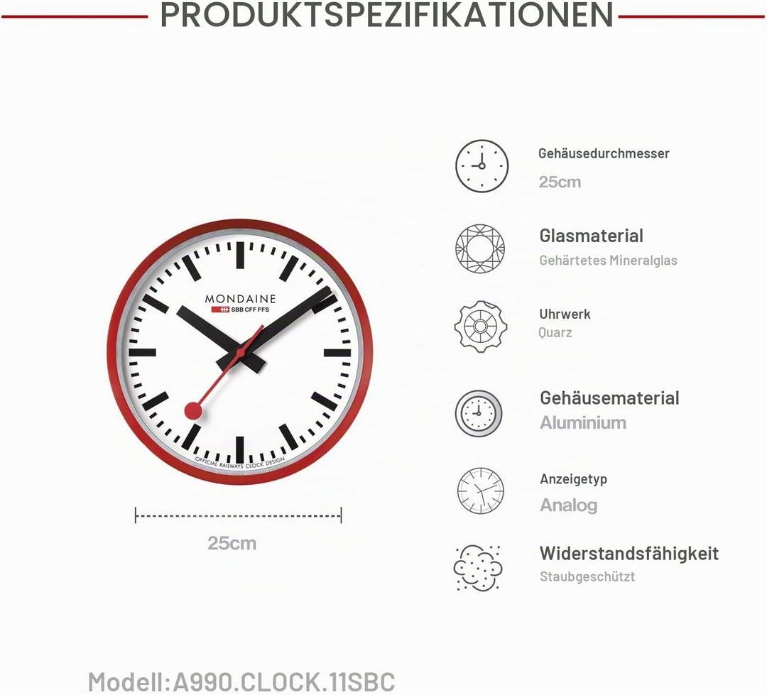 Mondaine - Wanduhr A990.Clock.11SBC 25cm - Bahnhofsuhr in Rot aus Aluminium mit rotem Sekundenzeiger