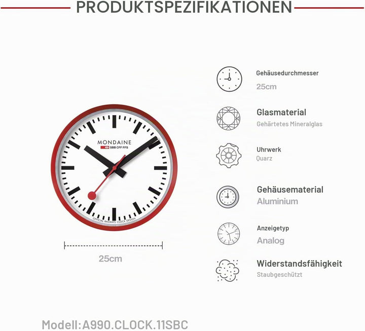 Mondaine - Wanduhr A990.Clock.11SBC 25cm - Bahnhofsuhr in Rot aus Aluminium mit rotem Sekundenzeiger