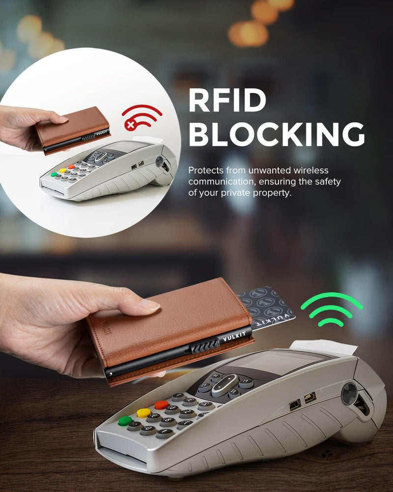 VULKIT Kreditkartenetui RFID-blockierende Pop-Up-Kartentasche aus Echtem Leder mit Geldscheinfach, A