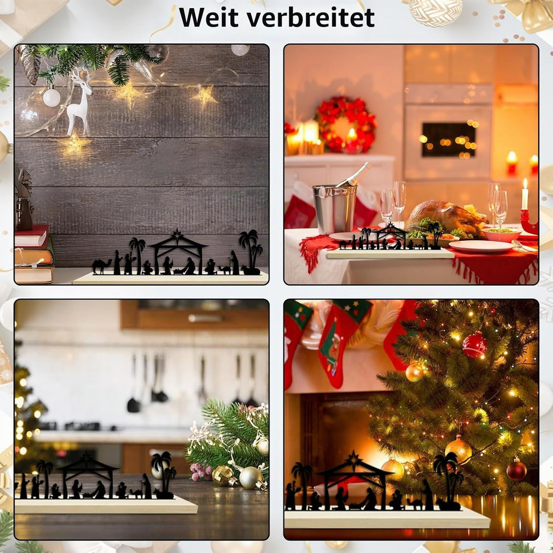 Weihnachtskrippen-Dekoration, schwarze Krippe Weihnachten aus Metall mit Holzsockel, religiöse Winte
