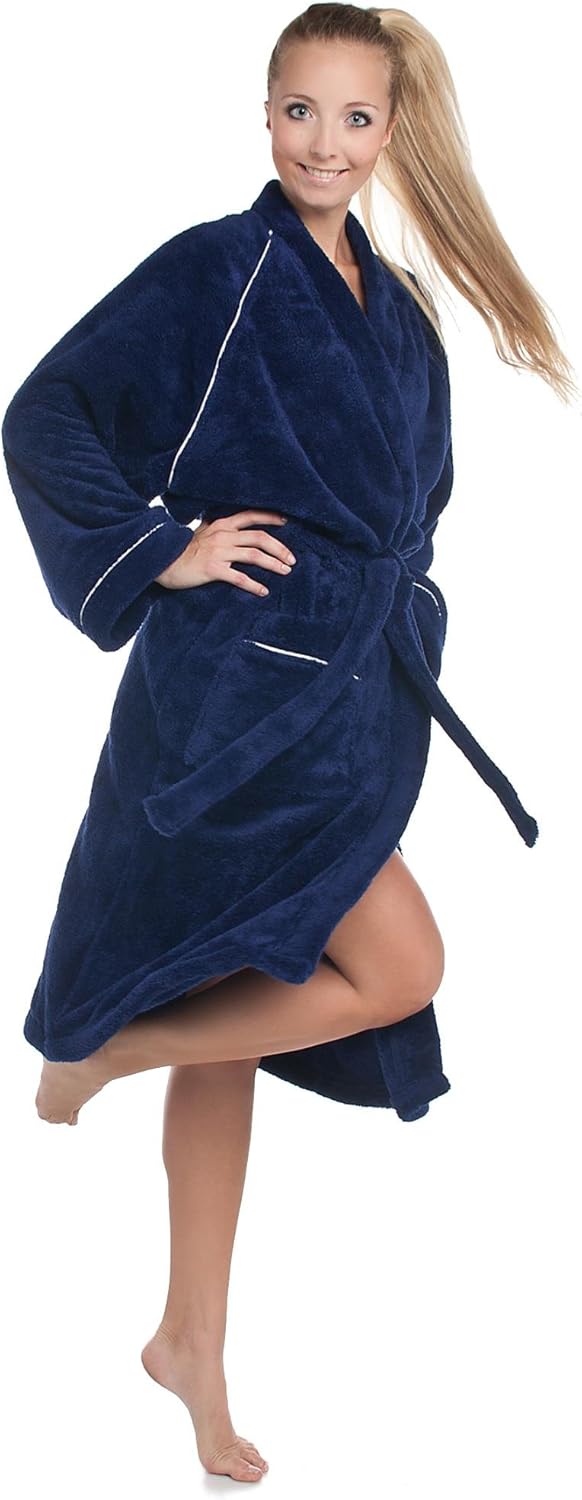 CelinaTex WellSoft Bademantel Kimono Damen Herren L blau Mikrofaser Morgenmantel Coral-Fleece Saunam