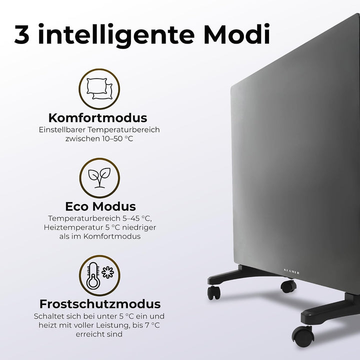 KLAMER Konvektor 1500W, Elektroheizung, WLAN App, Timer, Wand &amp; Stand