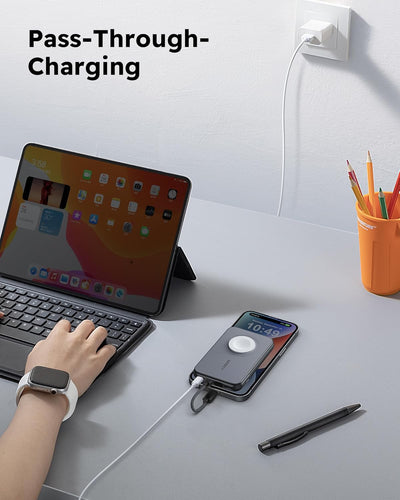 VEGER Mini Power Bank 20W PD,10000mAh Powerbank mit Eingebautem Apple auf USB C Kabel, mit Apple Wat