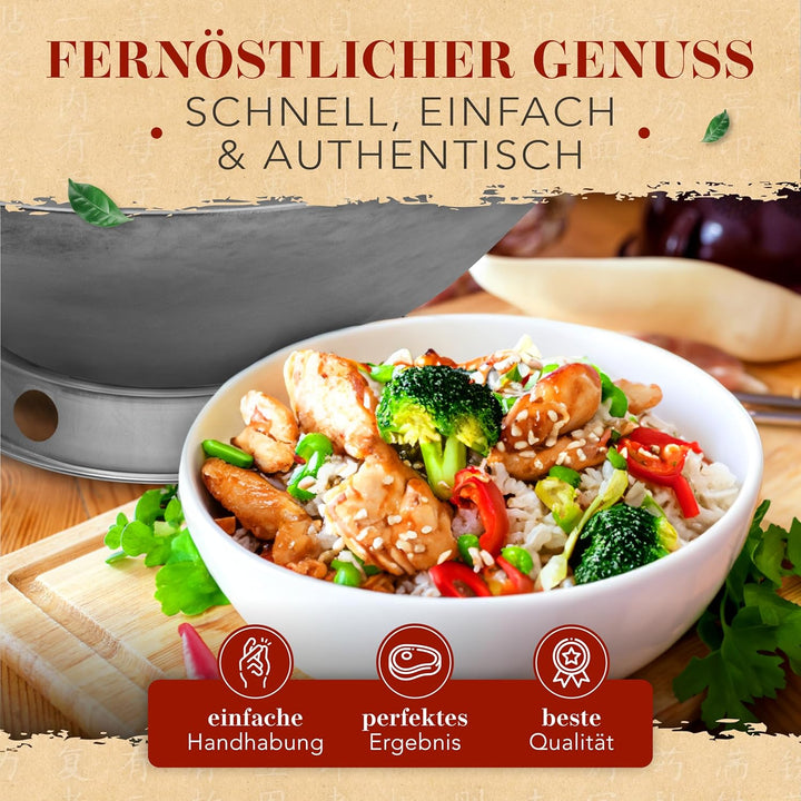 KRUSTENZAUBER 30cm Wokpfanne runder Boden - Traditionelle Stahlwokpfanne mit Wokwender u. Wokring -