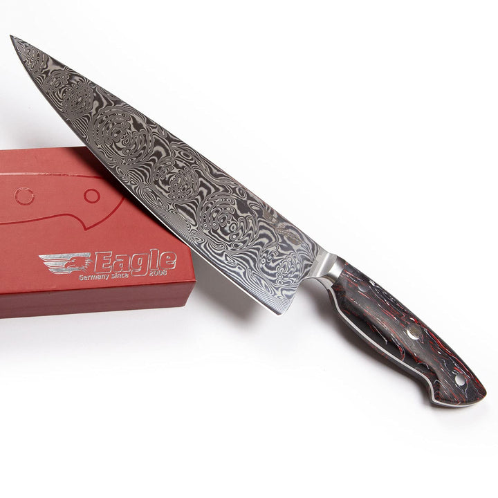 Eagle U-Grip - Chefmesser 23 cm Klingenlänge - Voll-Damaststahl 108 Lagen/Heftschalen: G10 schwarz-r