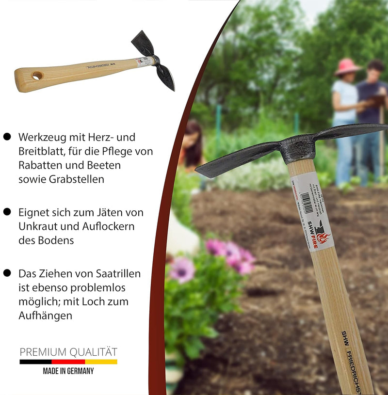 SHW-FIRE Handhacke, stabile geschmiedete Hacke für den Garten, Breit- und Herzblatt, 40cm kurzer erg