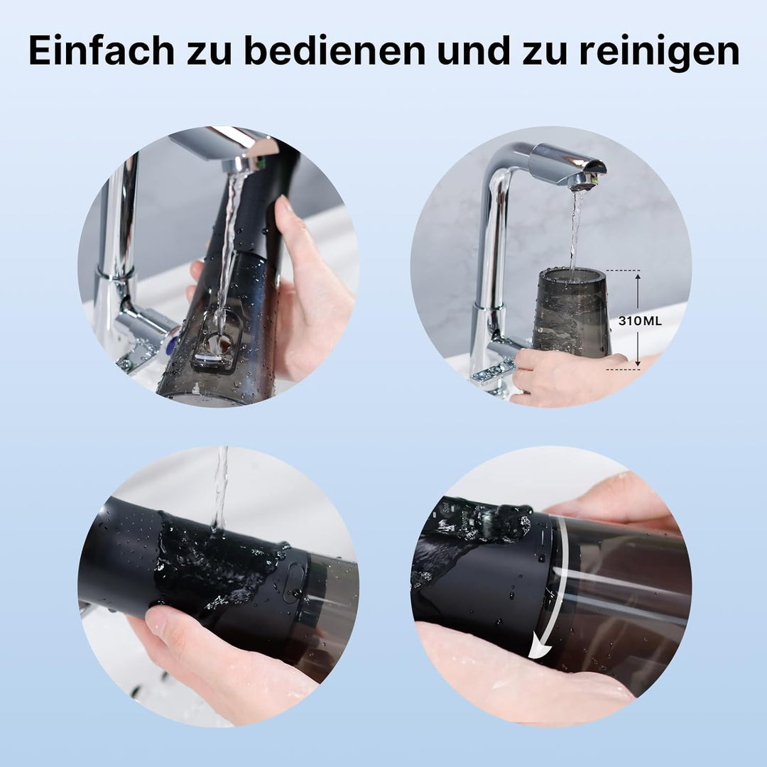 TUREWELL Munddusche Kabellos, Elektrische Zahnreiniger mit 5 Modi, 4 Düsen, 310ML Wassertank & IPX7