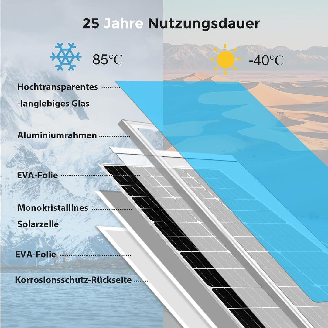 300W Solarpanel 12V, Monokristallines Solarpanel 300 Watt Wohnmobil, Solarmodul mit 90cm Solarkabel