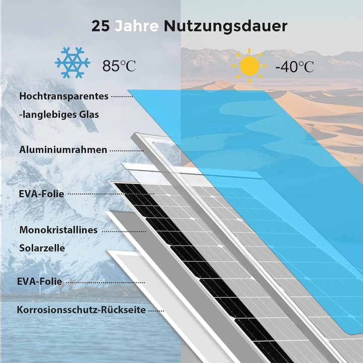 300W Solarpanel 12V, Monokristallines Solarpanel 300 Watt Wohnmobil, Solarmodul mit 90cm Solarkabel