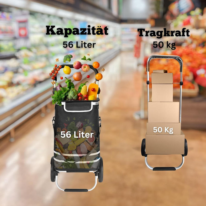 DIVID® Einkaufstrolley mit integrierter Sackkarre, 56LFassungsvermögen bis zu 50Kg belastbar,Klappba