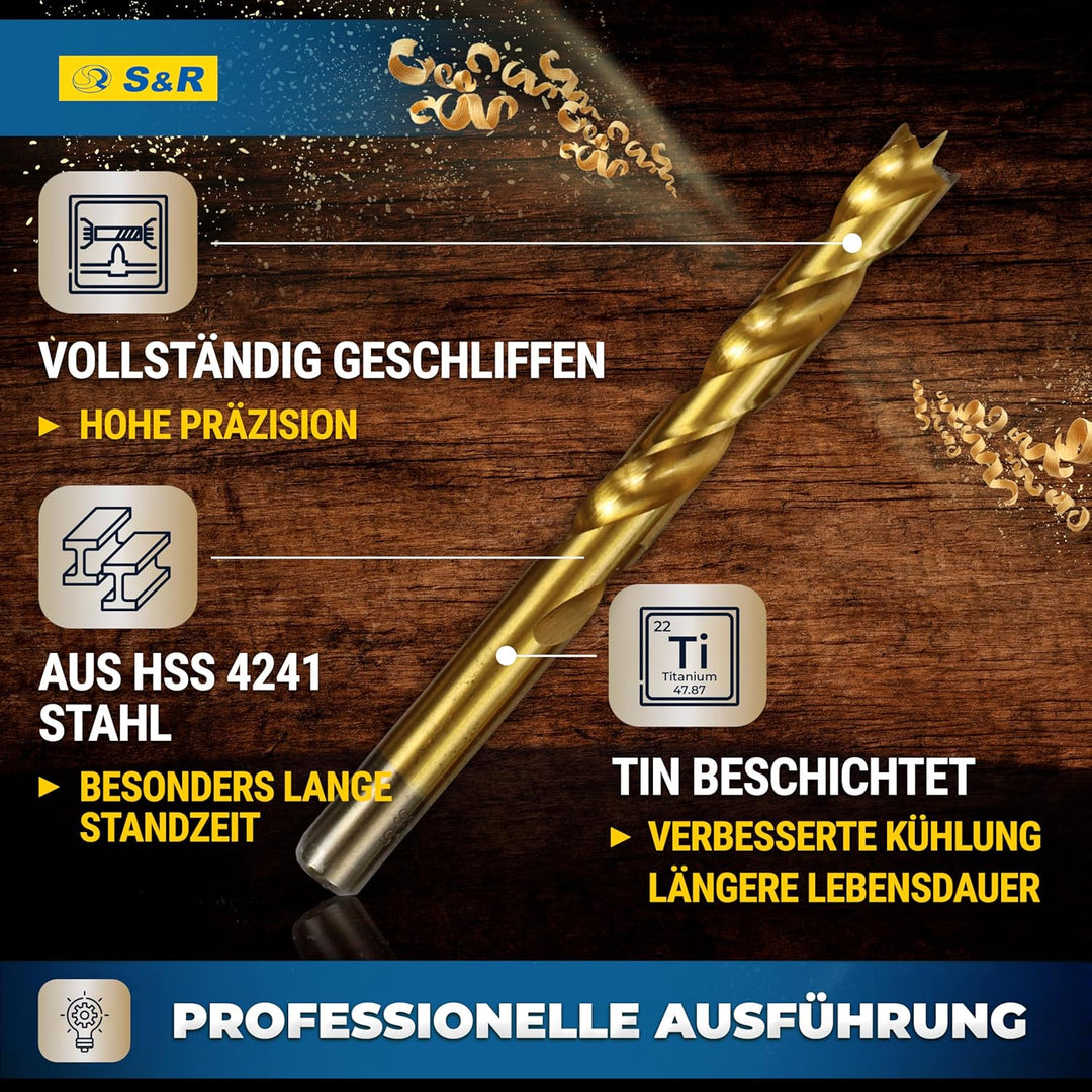 S&amp;R Holzbohrer-Set, Dübelbohrer-Satz 25-tlg 1-13 mm, Industriequalität, HSS-G 4241 Stahl, TiN-Beschi