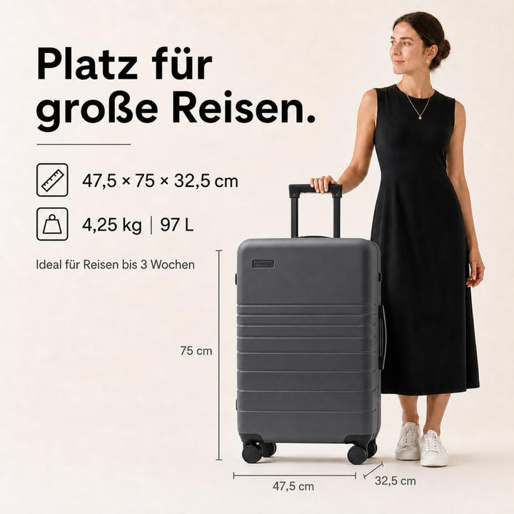 Reisekoffer Gross XL ABS Grau 75x47x32 cm 97L – Eternitive E2 | TSA-Schloss 4 Doppelrollen Hartschal