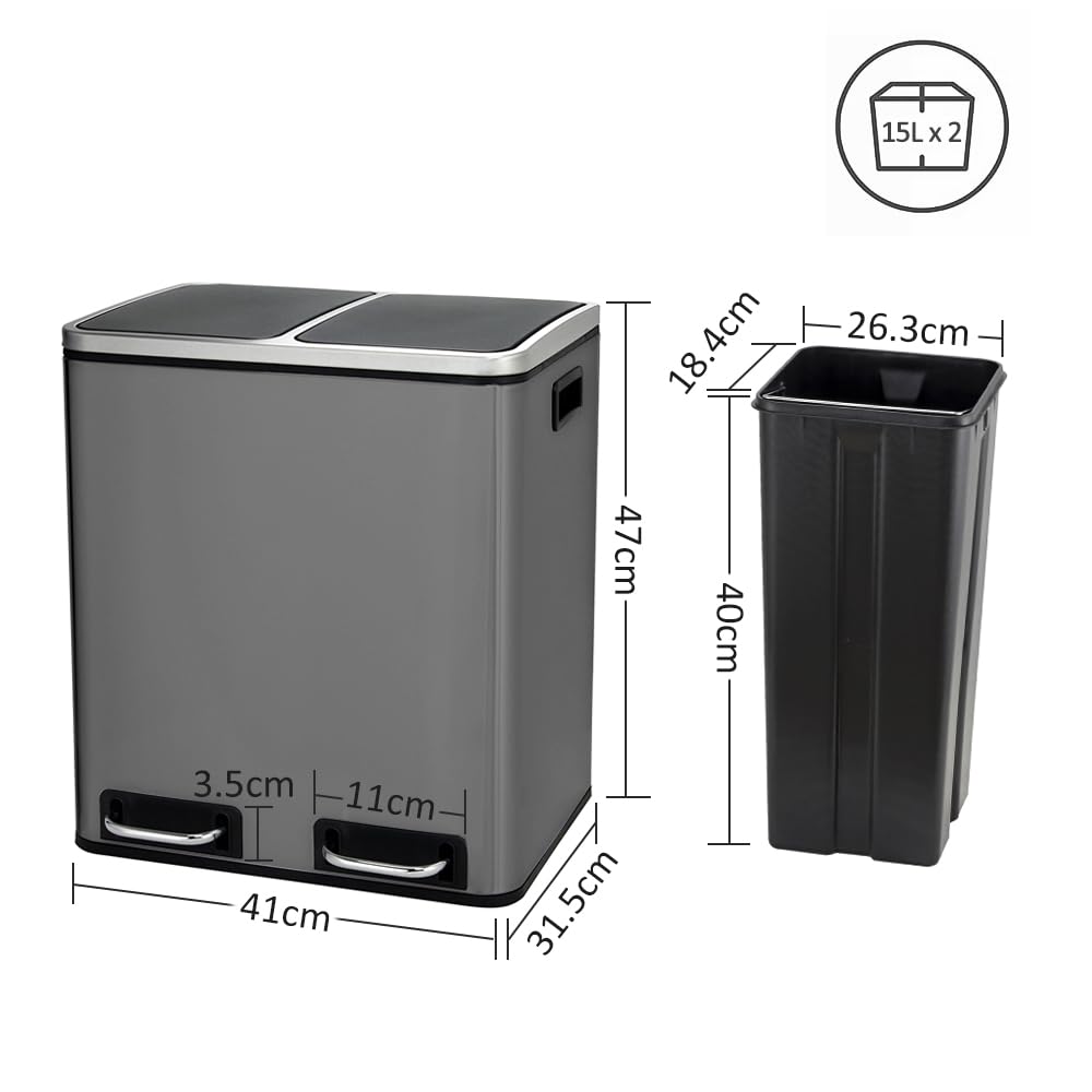 Panana Mülleimer, 2 x 15 L, 2 Fächer, Mülltrennsystem, Treteimer, Abfalleimer Küche, 15 Müllsäcke, a