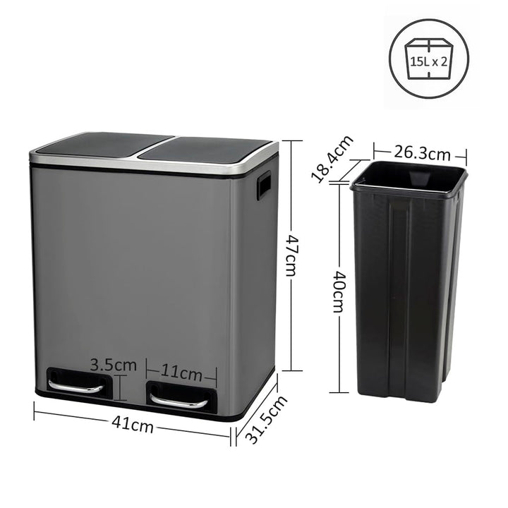 Panana Mülleimer, 2 x 15 L, 2 Fächer, Mülltrennsystem, Treteimer, Abfalleimer Küche, 15 Müllsäcke, a