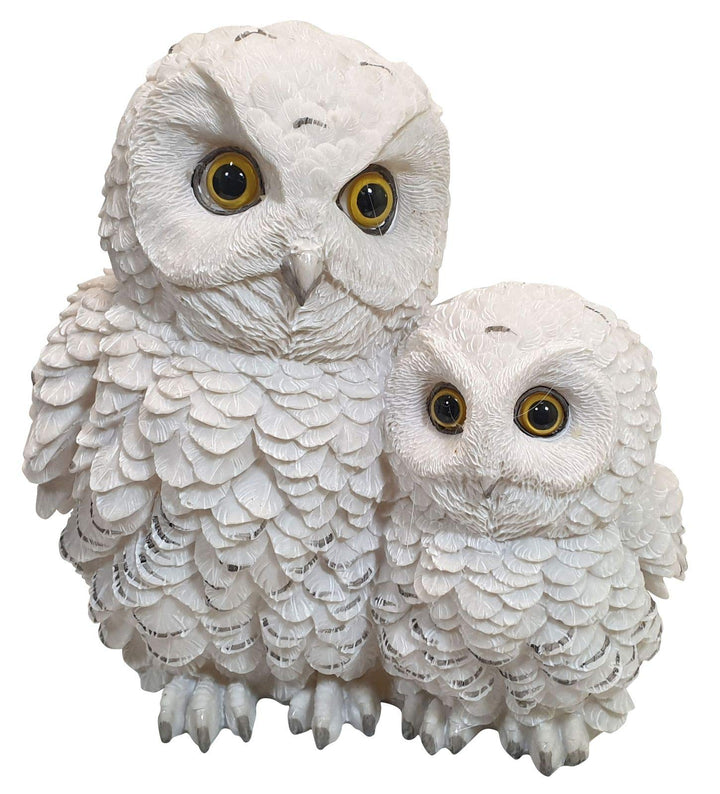 Fachhandel Plus 2 weisse Schnee-Eulen Dekofigur Vogel Eule mit Kind Tierfigur Greifvogel Garten