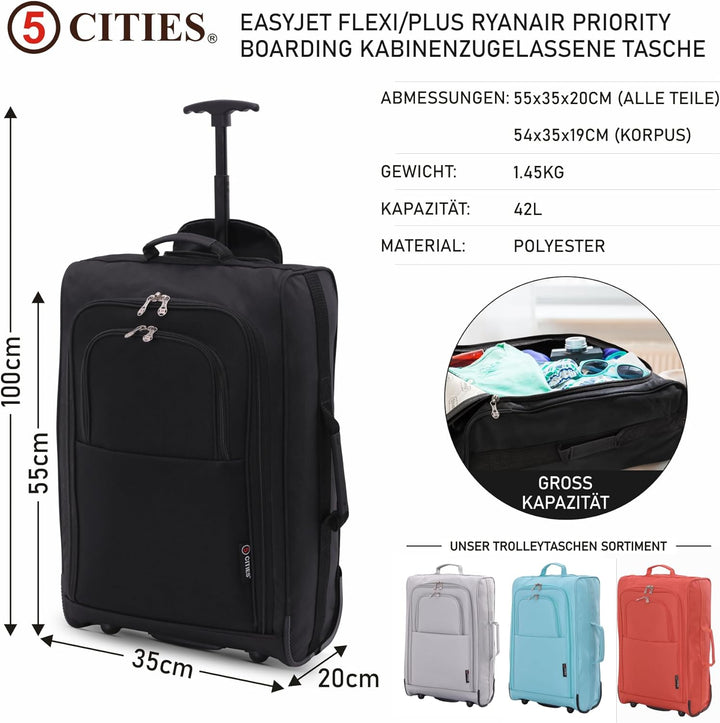 5 Cities Leichte Reisetasche mit 55 cm Rädern Schwarz, Schwarz