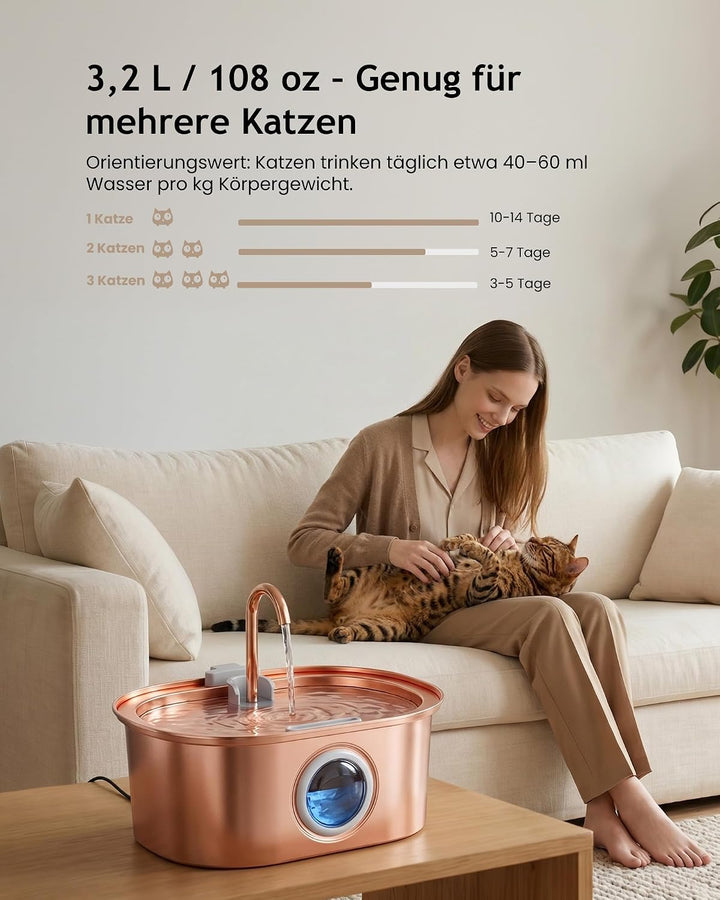 Kittyspout Katzenbrunnen 3,2L aus 304 Edelstahl, mit sichtbarem Wasserstand, leiser Pumpe und Filter
