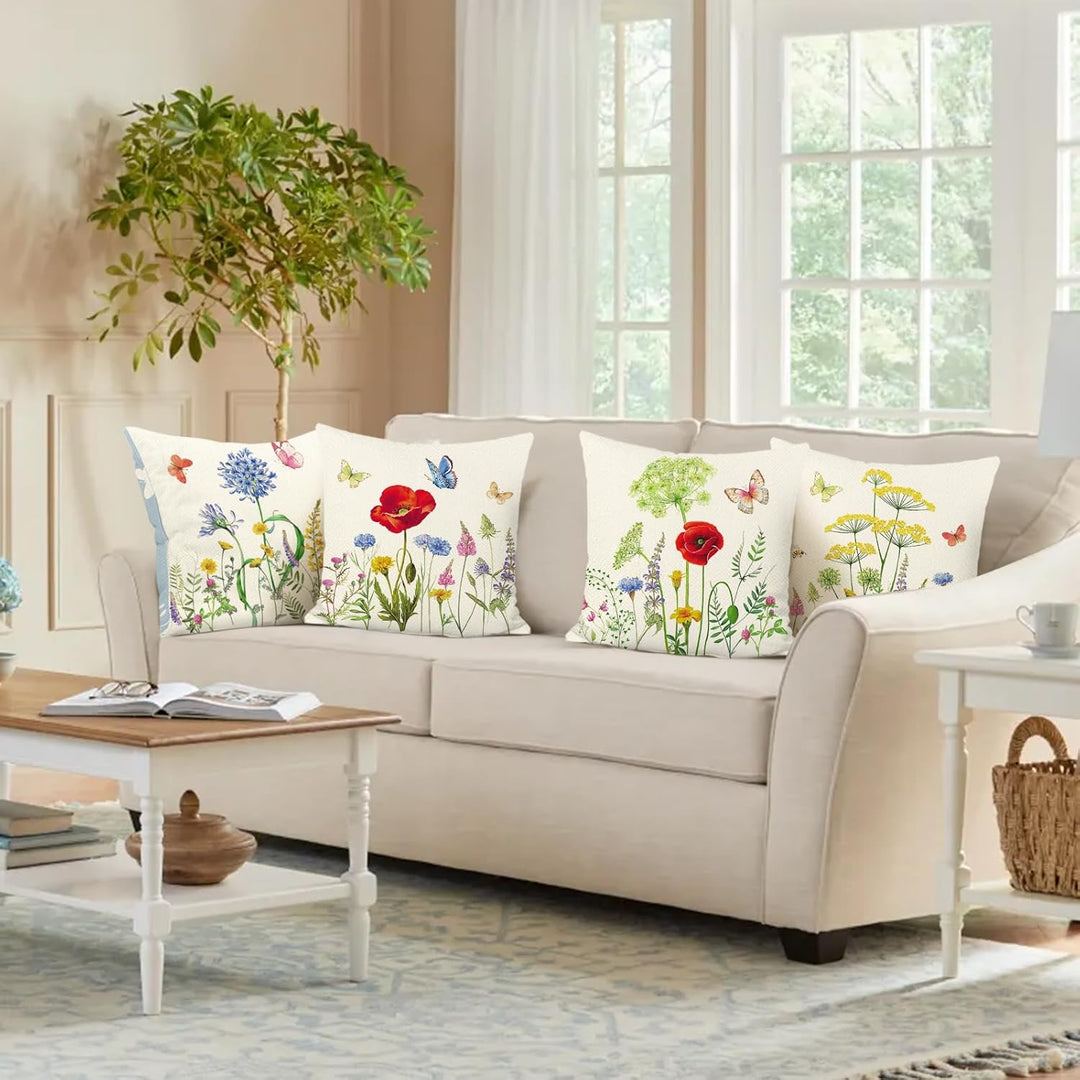 Bonhause 4er Set Kissenbezüge Blumen Garten 45 x 45 cm Doppelseitig Frühling Schmetterling Dekorativ