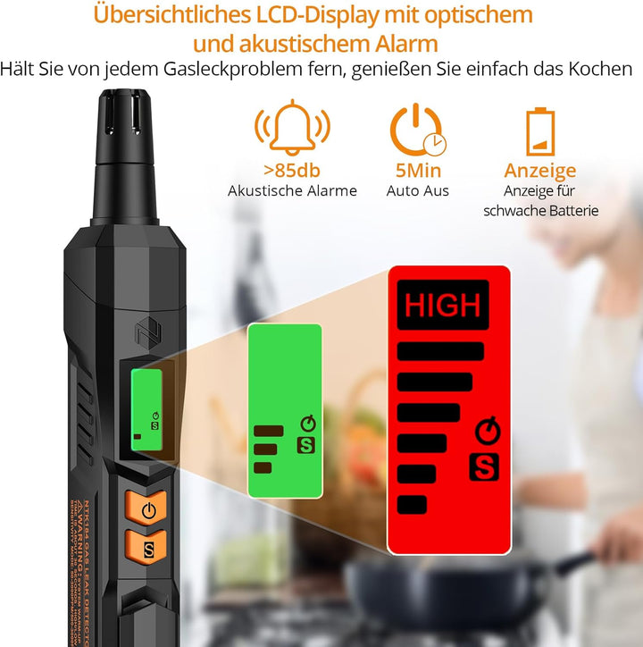 Neoteck Gasmelder Gaslecksuchgerät mit Visuellem und Akustischem Alarm Tragbarer Gasdetektor zum Auf